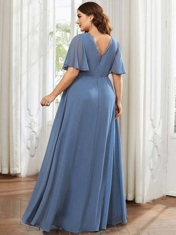 Flutter Short Sleeve Lace A-Line Pleated Chiffon Bridesmaid Dress