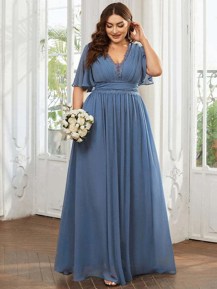 Flutter Short Sleeve Lace A-Line Pleated Chiffon Bridesmaid Dress