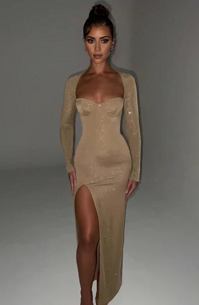 Backless Premium sparkle mesh fabric sleeves that flare gently at sleeve Front fork long Prom Dress