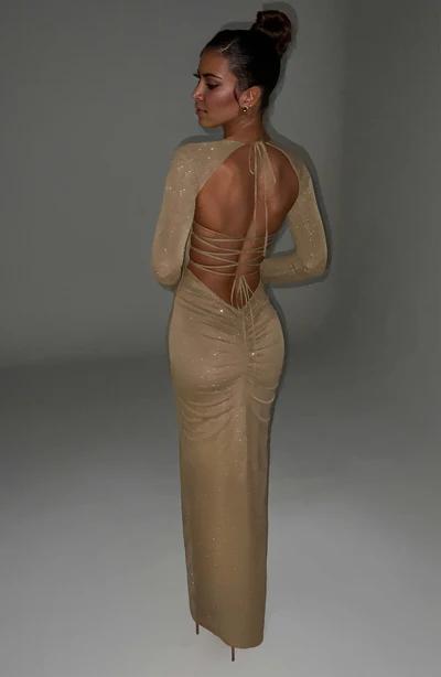 Backless Premium sparkle mesh fabric sleeves that flare gently at sleeve Front fork long Prom Dress