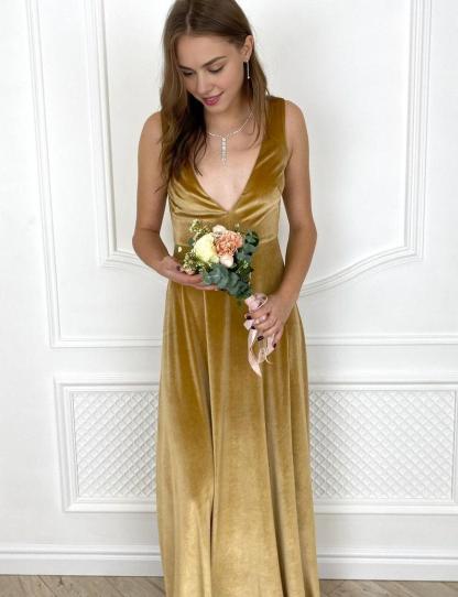 Velvet Prom Dres V Neck Dress Evening Dress Coctail dress Mustard Yellow velvet Dress