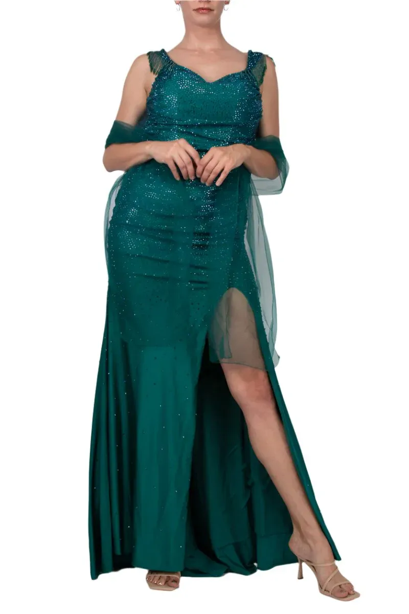 Prom Dress Long Crystal Off The Shoulder Fringe Slit Gown