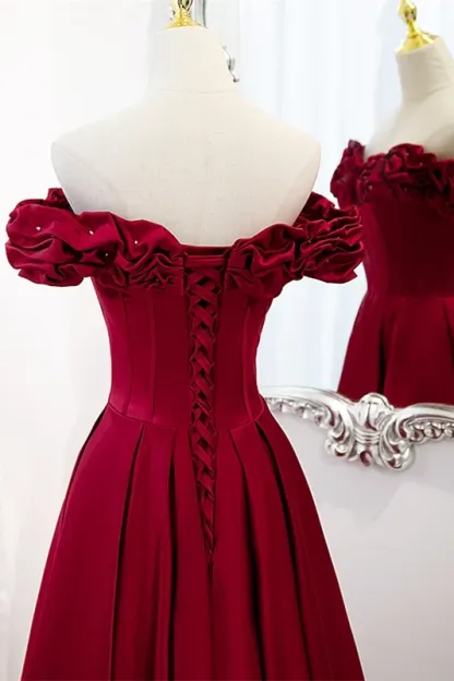 Off the Shoulder Wine Red A-line Prom Dress
