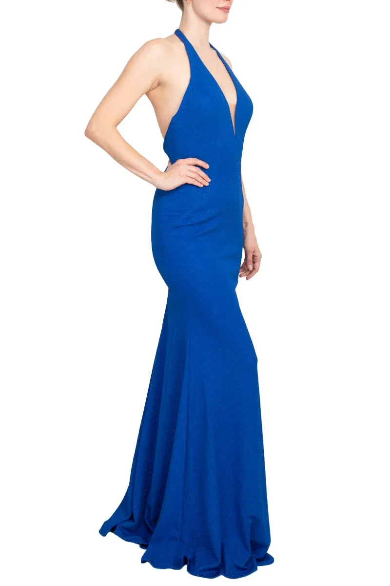 Jovani plunging halter bodycon metallic crepe prom gown
