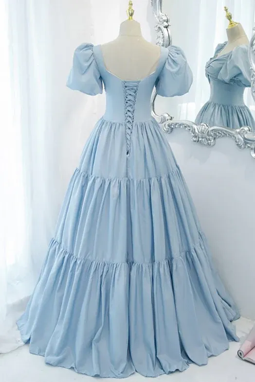 Light Blue A-line Long Formal Dress with Short Sleeves