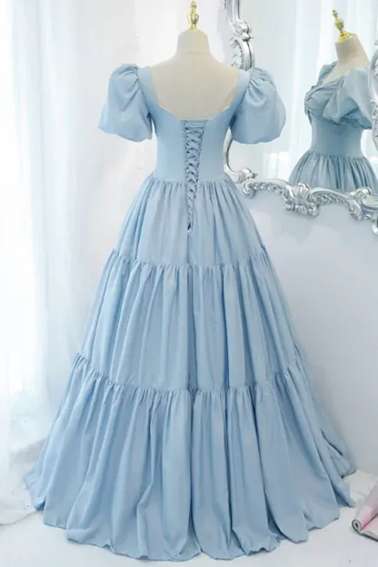 Light Blue A-line Long Formal Dress with Short Sleeves
