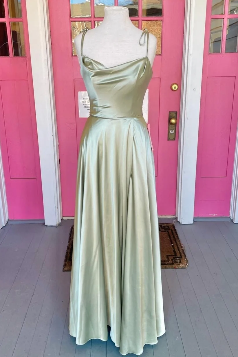 Sage Green A-line Long Formal Prom Dresses with Cowl Neck