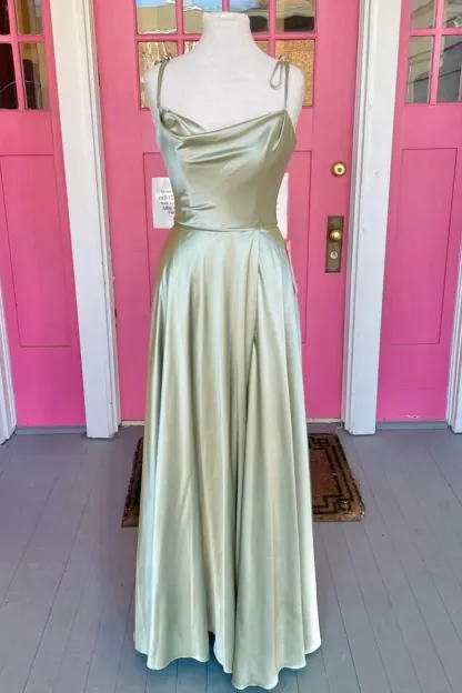 Sage Green A-line Long Formal Prom Dresses with Cowl Neck