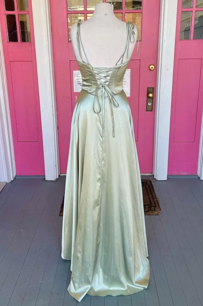 Sage Green A-line Long Formal Prom Dresses with Cowl Neck