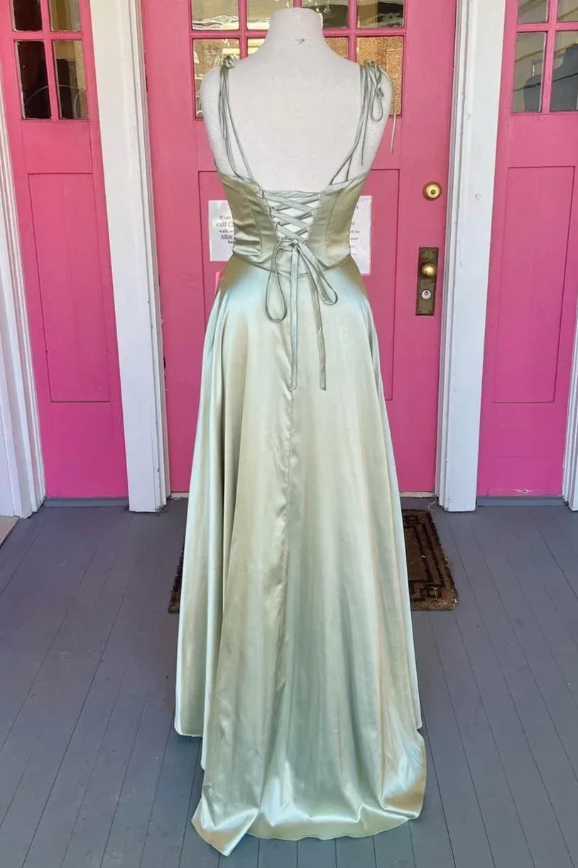 Sage Green A-line Long Formal Prom Dresses with Cowl Neck