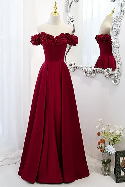 Off the Shoulder Wine Red A-line Prom Dress