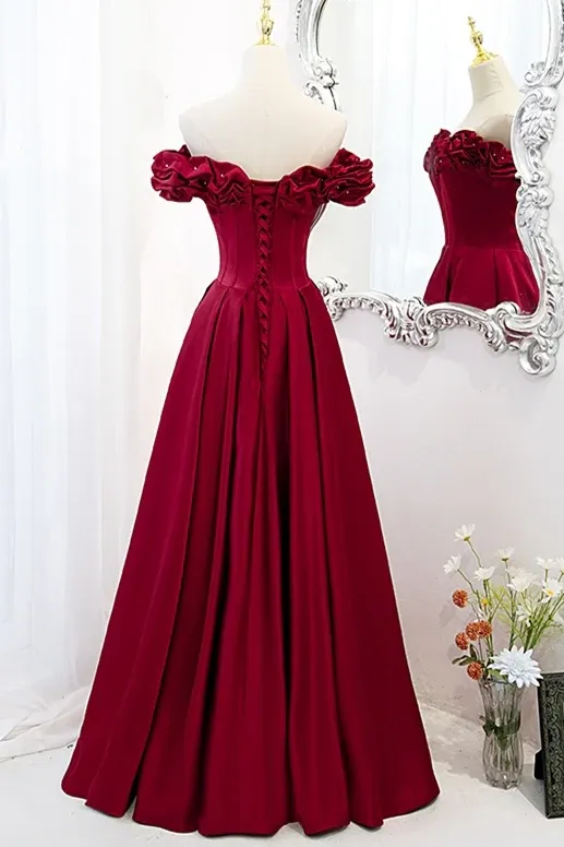 Off the Shoulder Wine Red A-line Prom Dress