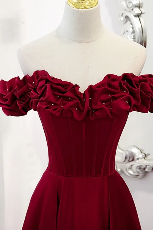 Off the Shoulder Wine Red A-line Prom Dress