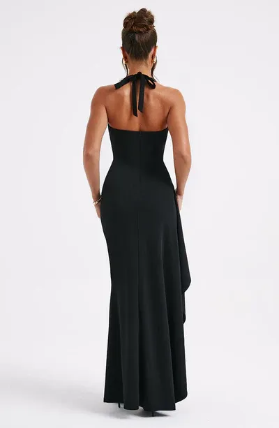 Sexy Plume Neck Halter Ruffle Detail Front Slit Formal Ball Gown
