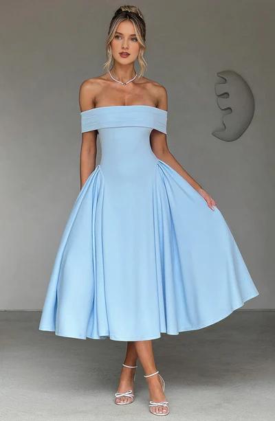 A-Line Off-the-Shoulder Bardot neckline with pleat detail Midi length Prom Dress