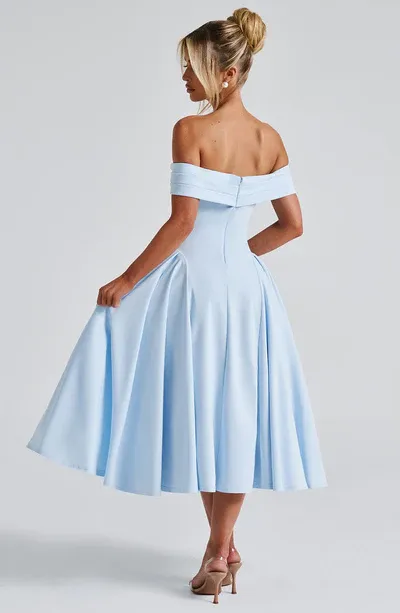 A-Line Off-the-Shoulder Bardot neckline with pleat detail Midi length Prom Dress