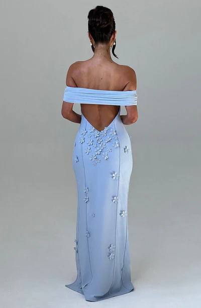 A-Line Off-the-Shoulder 3D floral appliques Thigh high split Front fork Formal Prom Dress