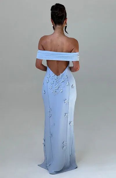 A-Line Off-the-Shoulder 3D floral appliques Thigh high split Front fork Formal Prom Dress