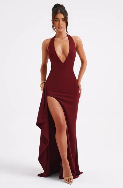 Sexy Plume Neck Halter Ruffle Detail Front Slit Formal Ball Gown