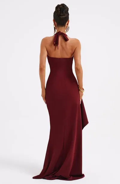 Sexy Plume Neck Halter Ruffle Detail Front Slit Formal Ball Gown