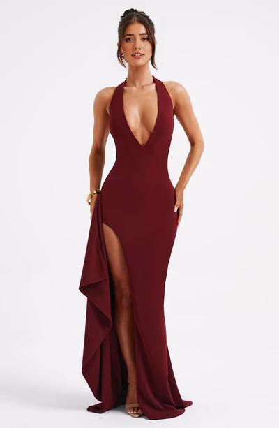 Sexy Plume Neck Halter Ruffle Detail Front Slit Formal Ball Gown