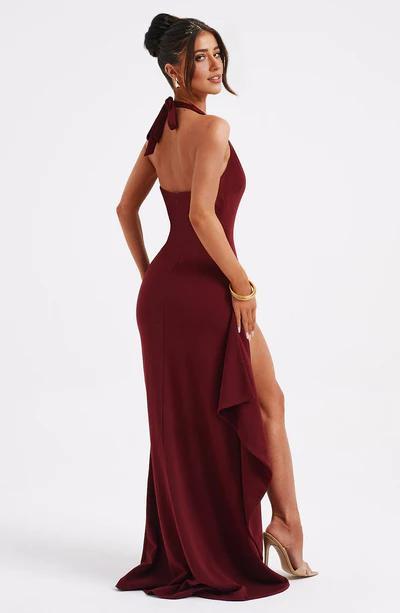 Sexy Plume Neck Halter Ruffle Detail Front Slit Formal Ball Gown