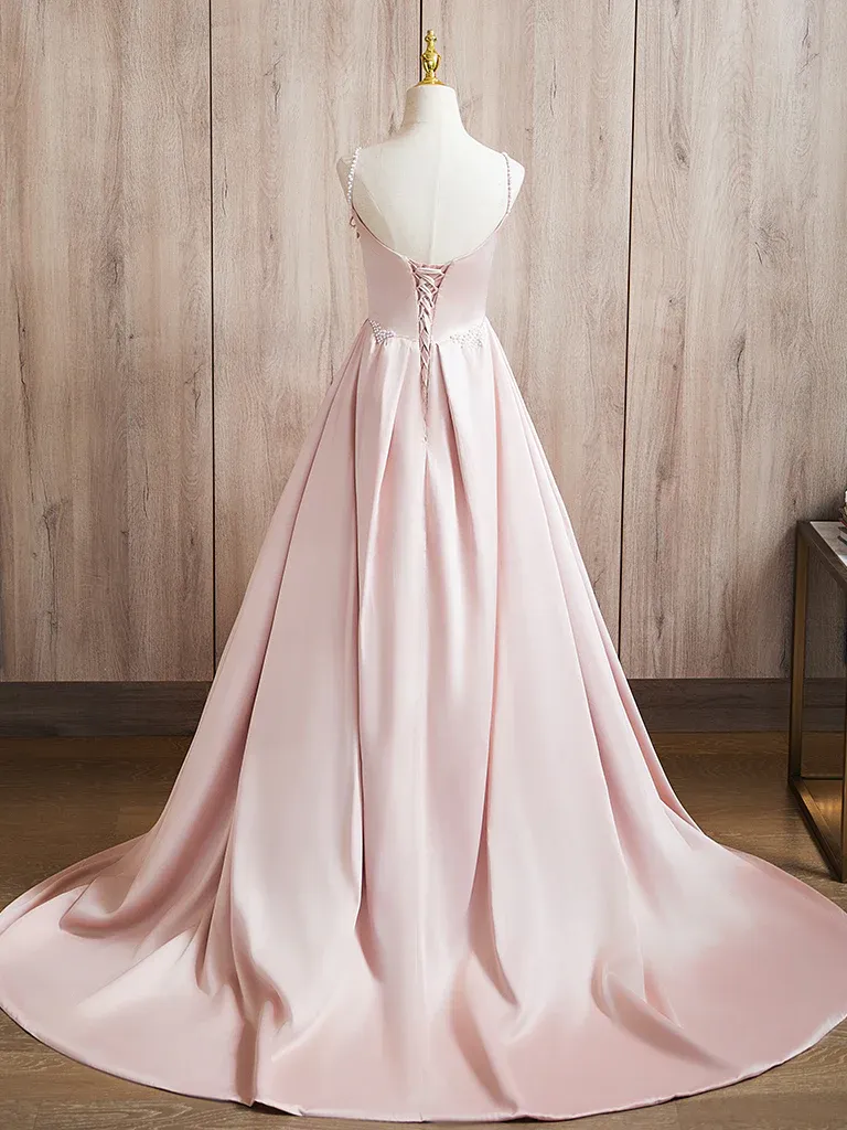 A-Line Satin Pink Long Prom Dress Pink Long Formal Dress