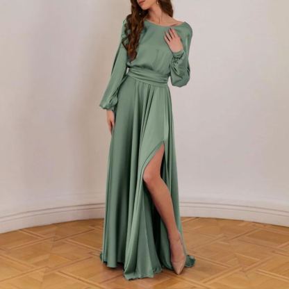 Sage Green Open Back Party Dress Elegant Formal Long Sleeve Evening Gown