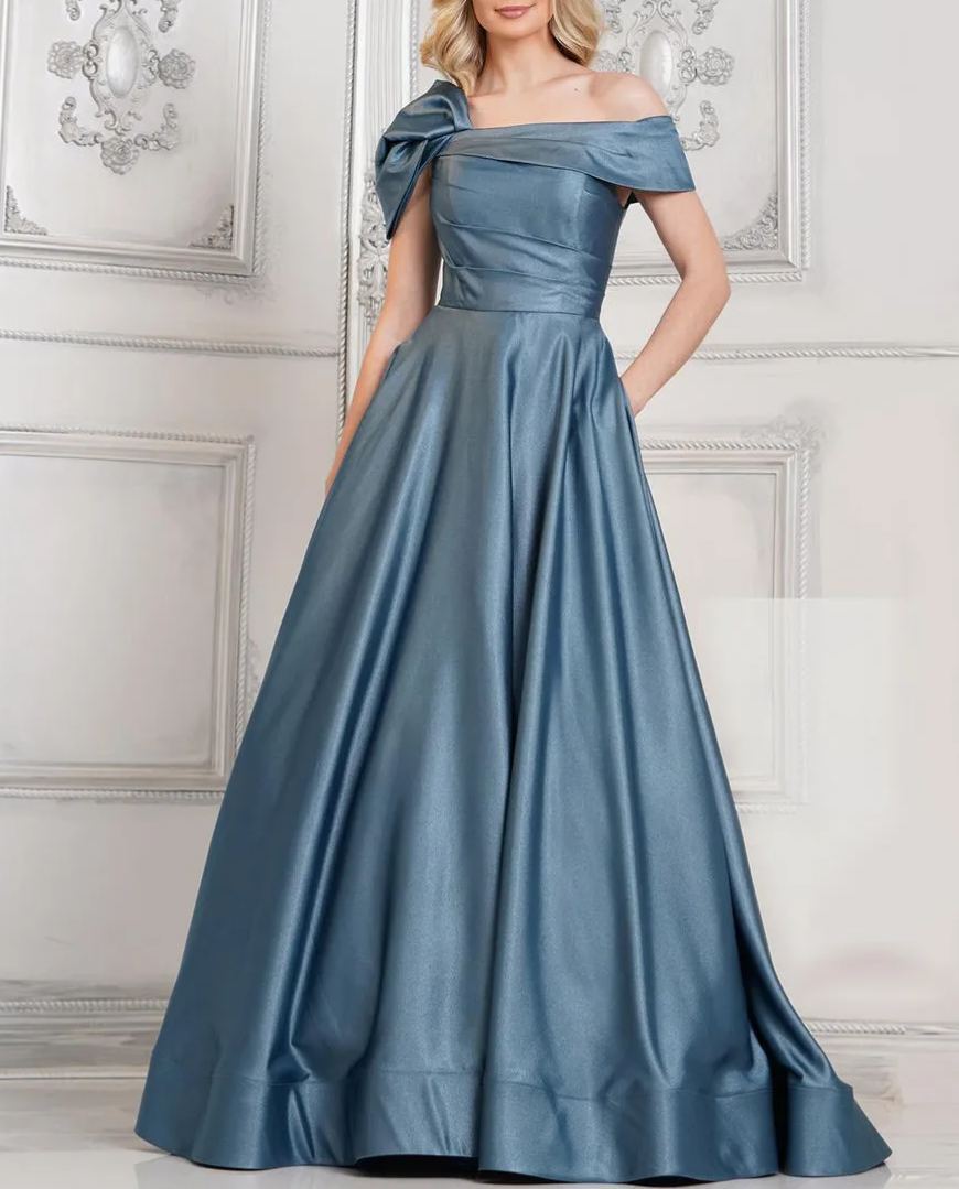 Slate Blue A-Line Off the Shoulder Formal Prom Dress with Fine Flash Long Style