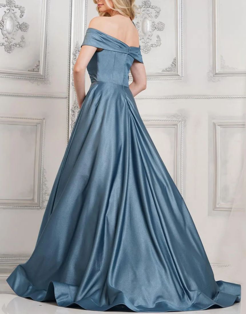 Slate Blue A-Line Off the Shoulder Formal Prom Dress with Fine Flash Long Style