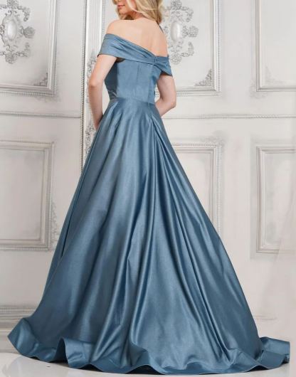 Slate Blue A-Line Off the Shoulder Formal Prom Dress with Fine Flash Long Style