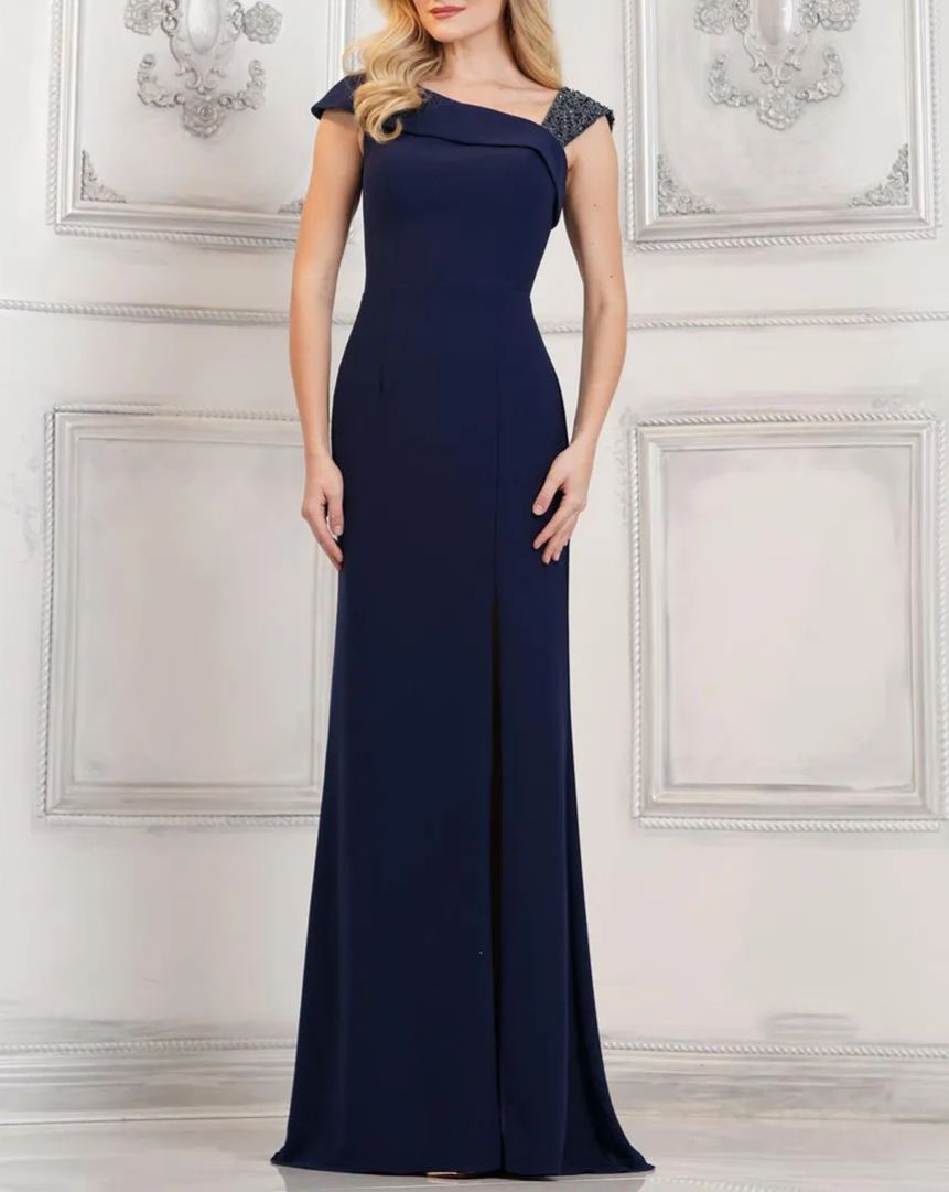 Navy Shoulder Decorative Sleeveless Long Formal Prom Dress