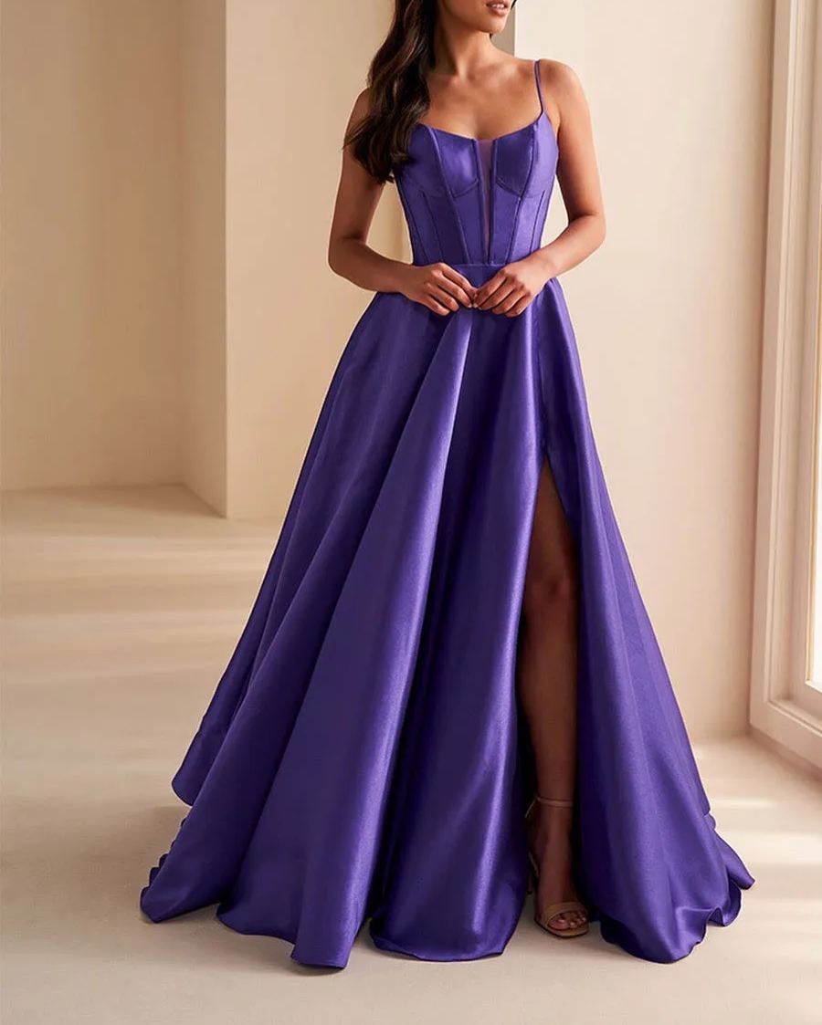 Purple Spaghetti Strap Long Front Split Formal Prom Dress