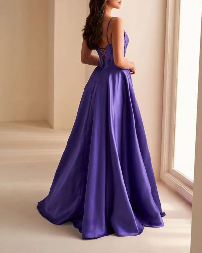 Purple Spaghetti Strap Long Front Split Formal Prom Dress