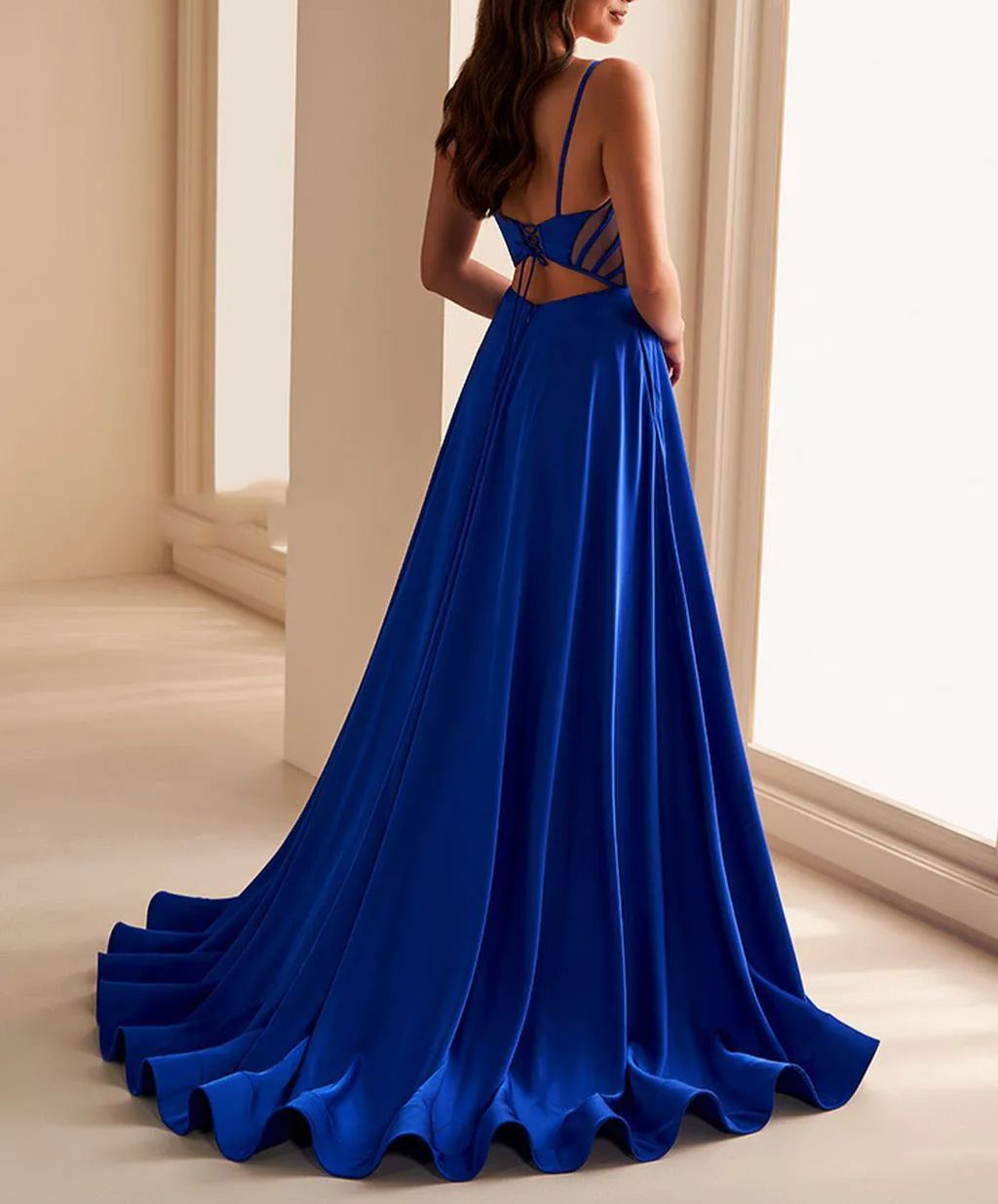 Royal Blue Spaghetti Strap With Attached Train Front Split Prom Dress