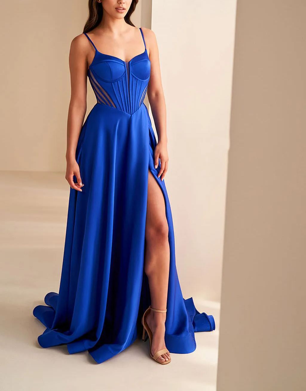 Royal Blue Spaghetti Strap With Attached Train Front Split Prom Dress