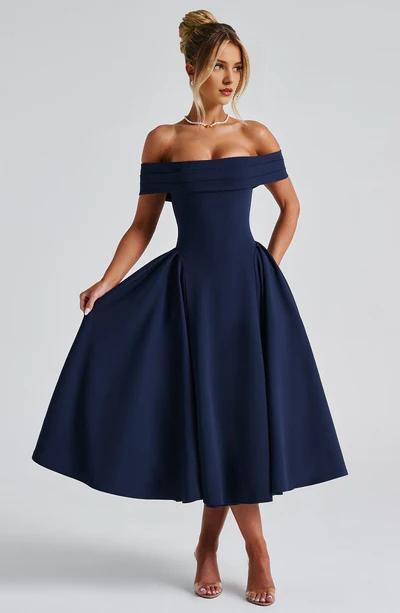 A-Line Off-the-Shoulder Bardot neckline with pleat detail Midi length Prom Dress
