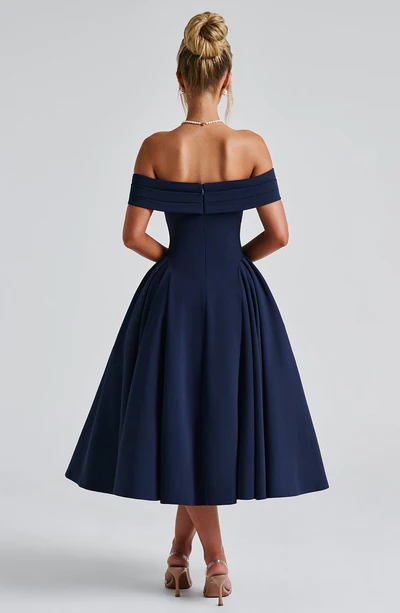 A-Line Off-the-Shoulder Bardot neckline with pleat detail Midi length Prom Dress