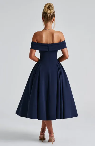 A-Line Off-the-Shoulder Bardot neckline with pleat detail Midi length Prom Dress