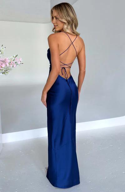 Minimalist Navy Spaghetti Strap Front Split Long Prom Dress