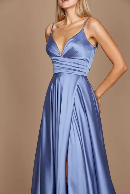 Smokey Blue Spaghetti Strap pleated long Prom Dress