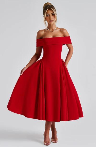 A-Line Off-the-Shoulder Bardot neckline with pleat detail Midi length Prom Dress