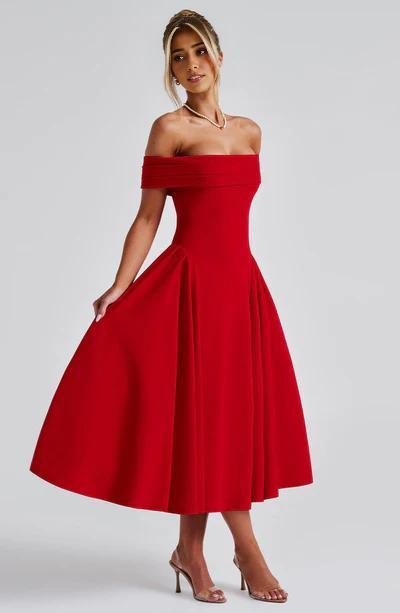 A-Line Off-the-Shoulder Bardot neckline with pleat detail Midi length Prom Dress