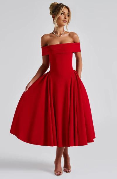 A-Line Off-the-Shoulder Bardot neckline with pleat detail Midi length Prom Dress