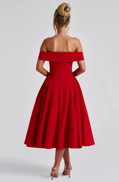 A-Line Off-the-Shoulder Bardot neckline with pleat detail Midi length Prom Dress