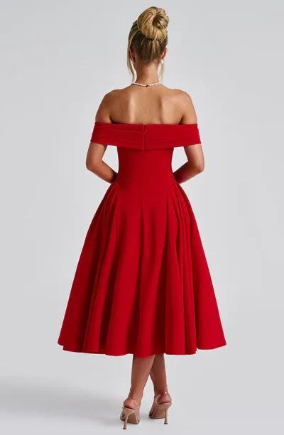 A-Line Off-the-Shoulder Bardot neckline with pleat detail Midi length Prom Dress