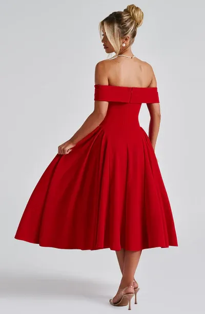 A-Line Off-the-Shoulder Bardot neckline with pleat detail Midi length Prom Dress