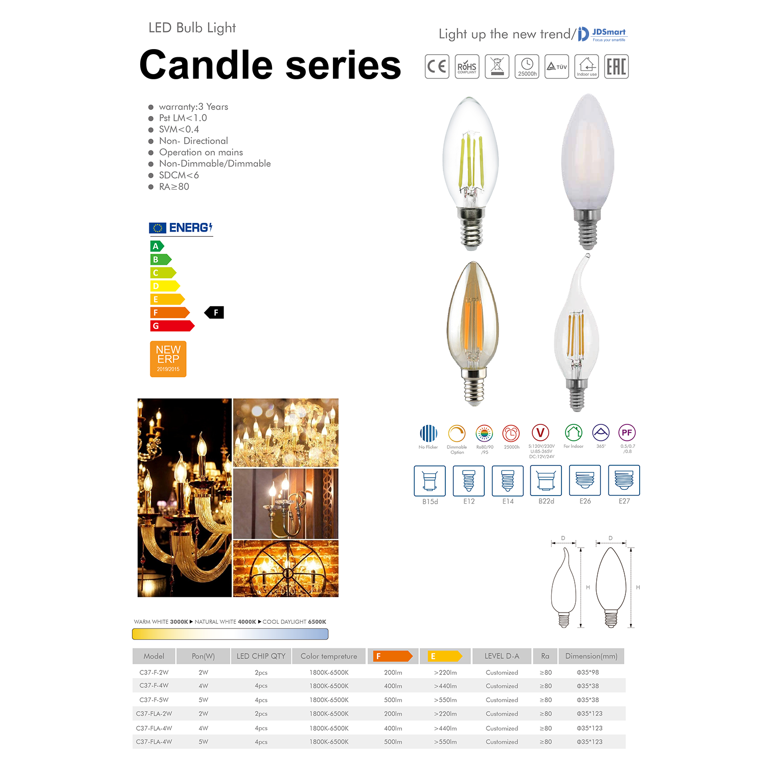 JD SmartLighting Candle LED Filament Bulb E14 C35 – 4W 6000K Amber Glass