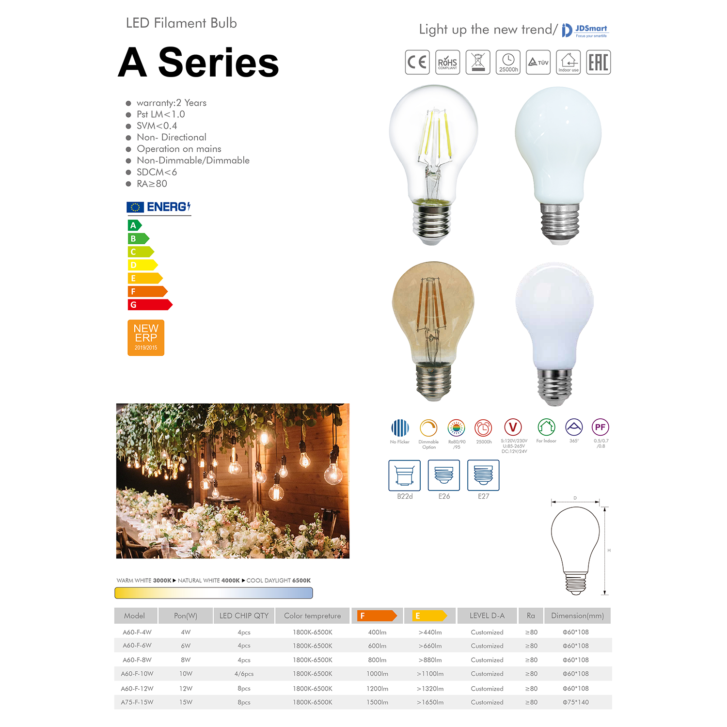 LED Filament Bulb A60 E27 8W 6000K – JD SmartLighting