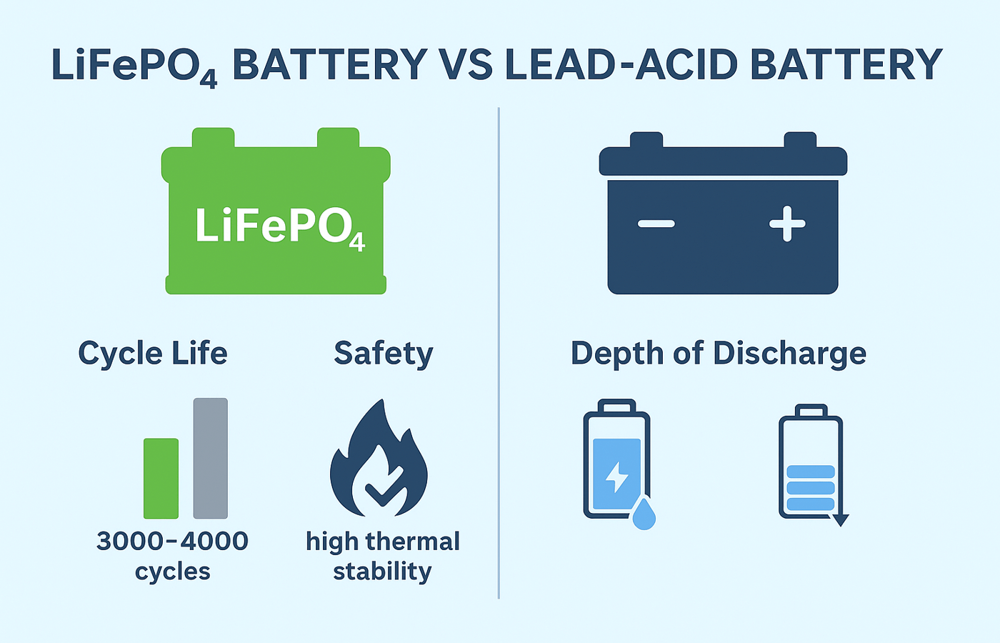 Comparison chart of LiFePO4 and lead-acid batteries showing differences in cycle life, safety, and depth of discharge